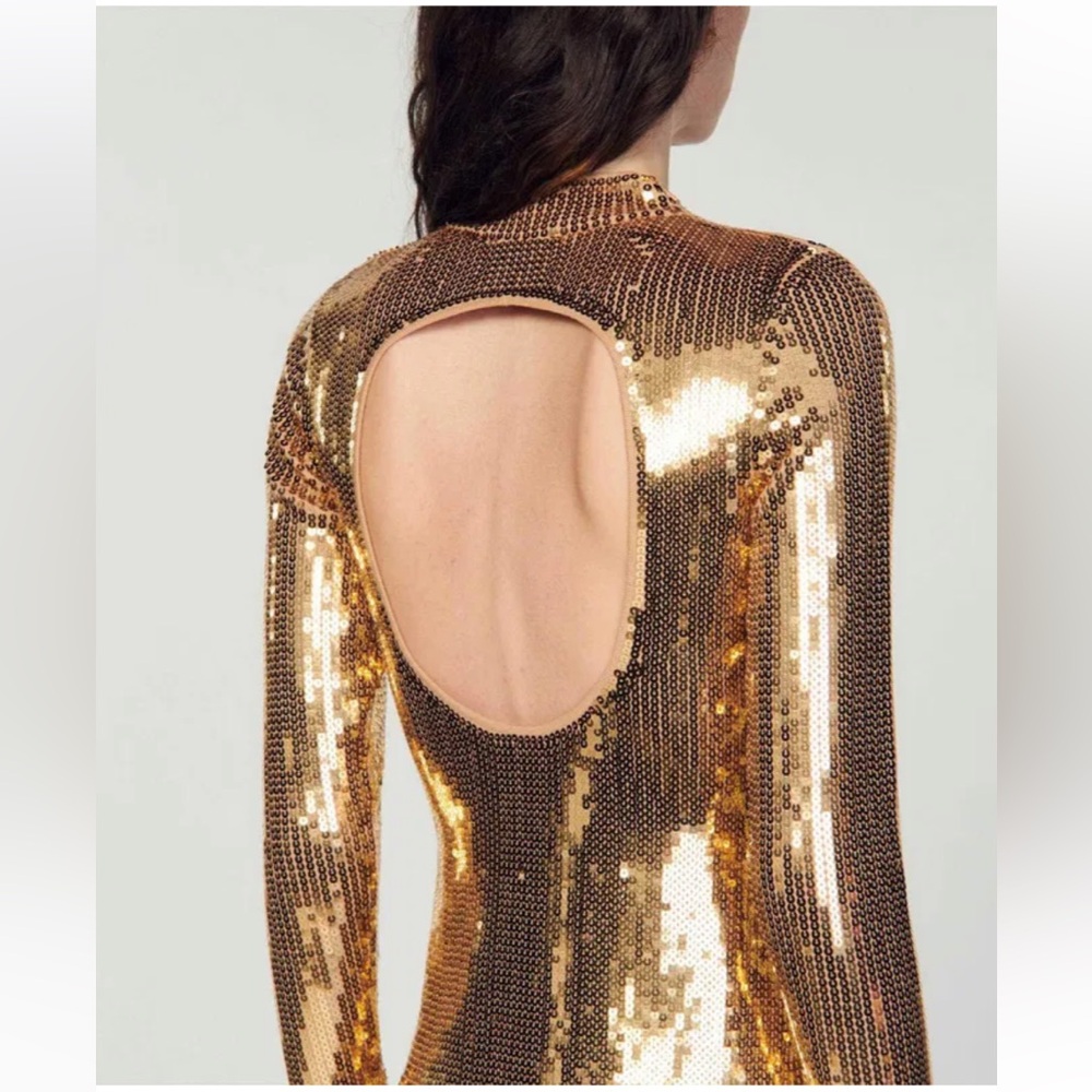 SANDRO Dore’ Gold Midi Dress Squin New $585- side split sexy bodycon BDay Bash🤩 - Picture 6 of 15